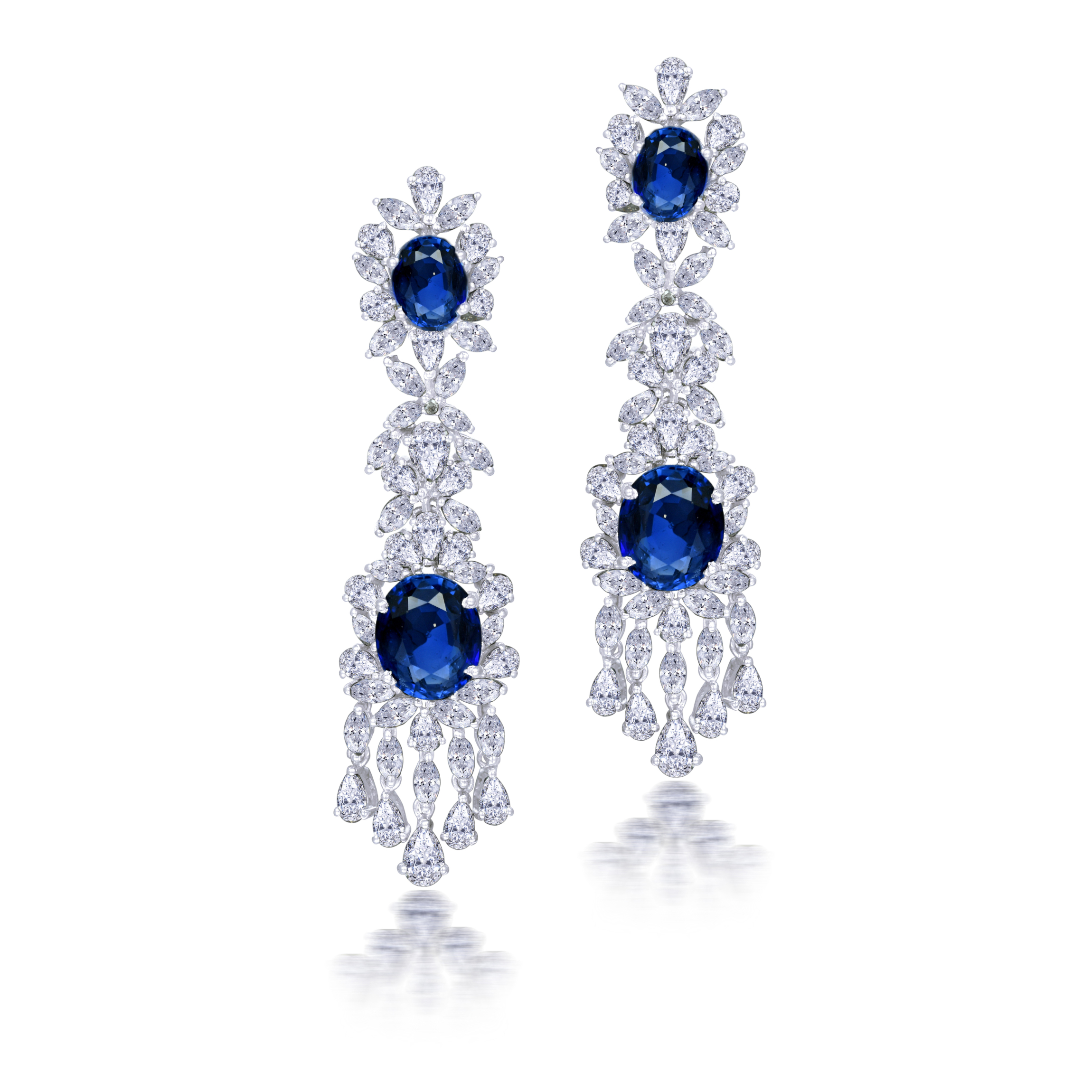 Earrings in White Swarovski Zirconia & Oval Shaped Man-Made Blue Sapphires