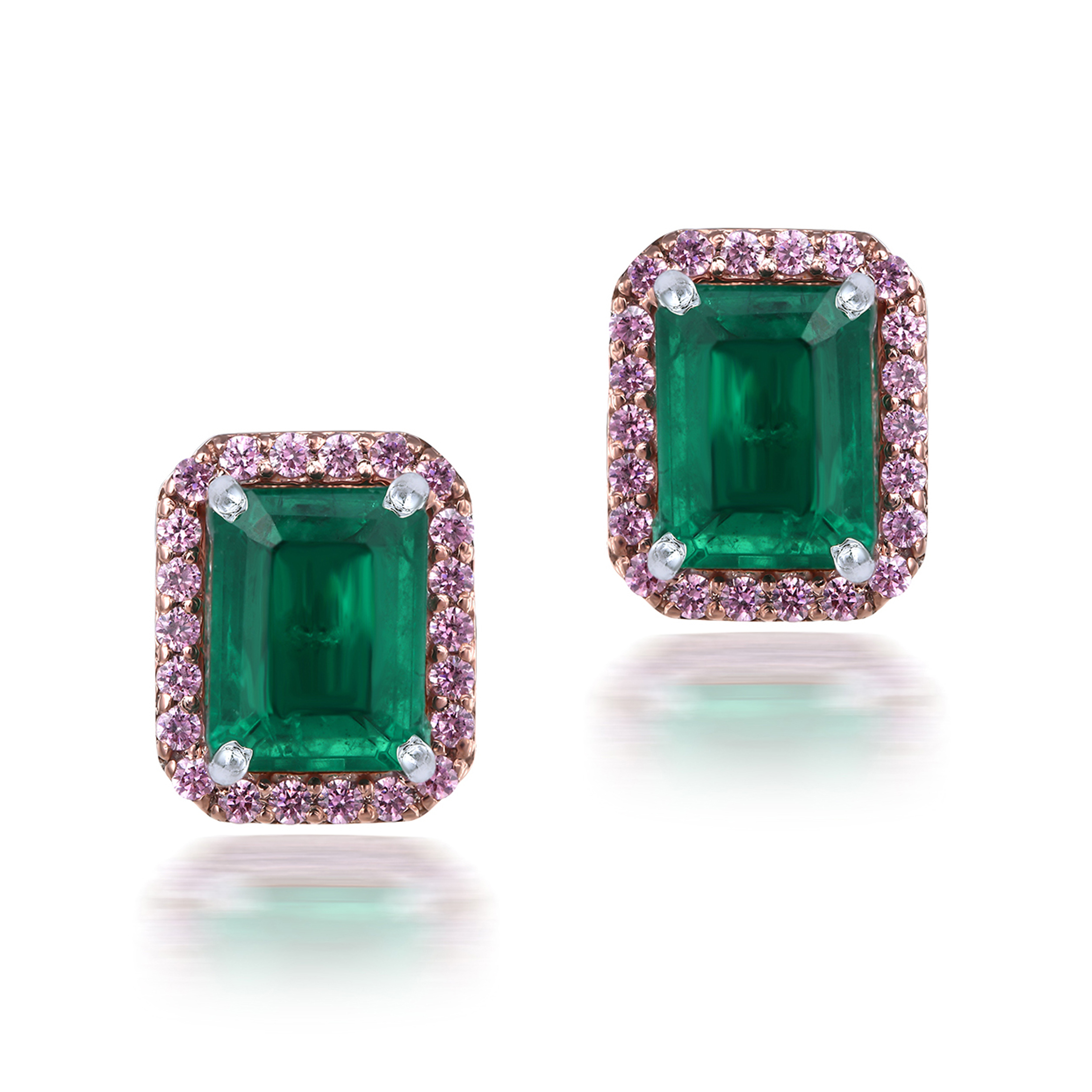 Halo Ear Studs in Man-Made Emeralds & Pink Swarovski Zirconia Stones