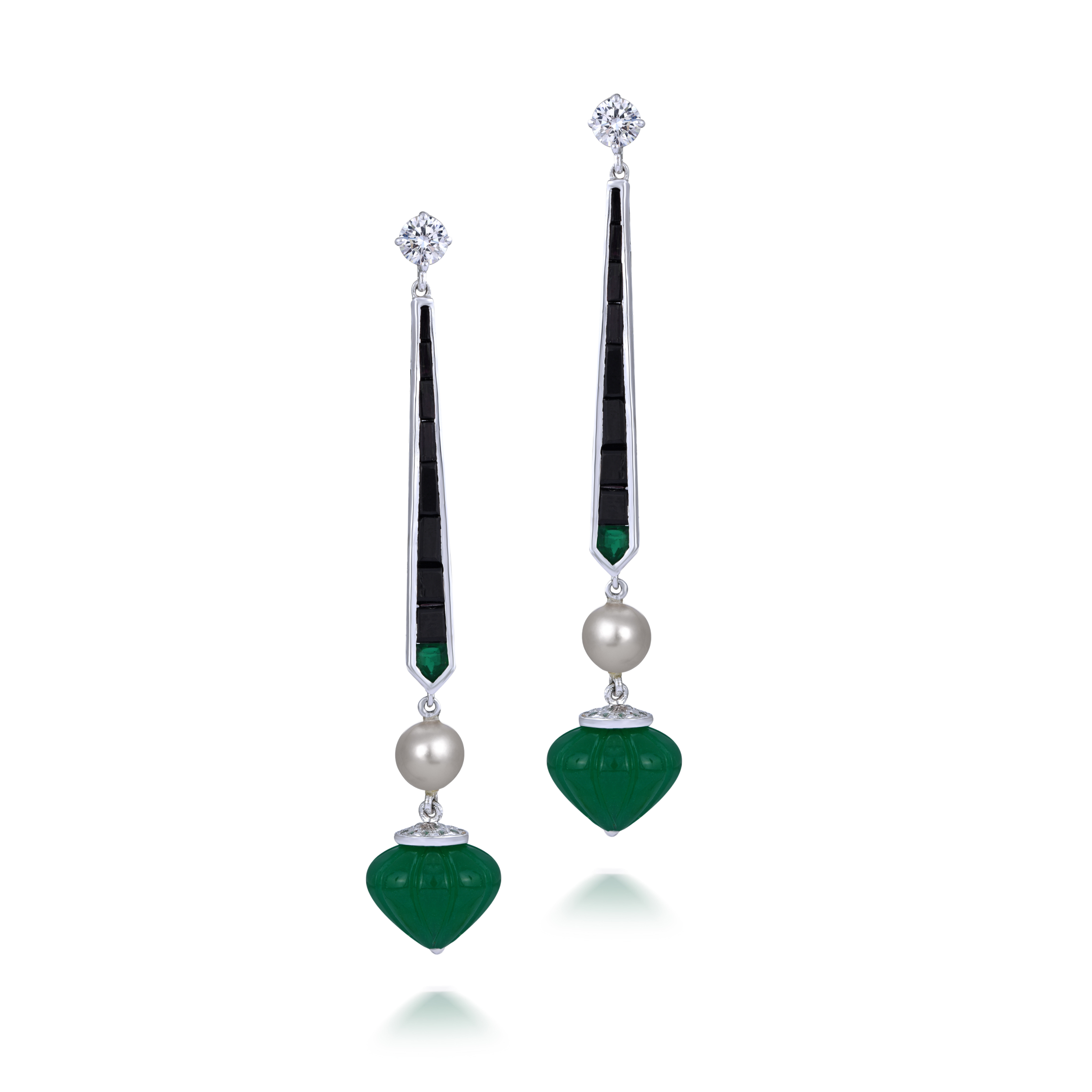 Cocktail Earrings in White Swarovski Zirconia with Man-Made Black Onyx, White Korean Pearls & Man-Made Green Carved Stones