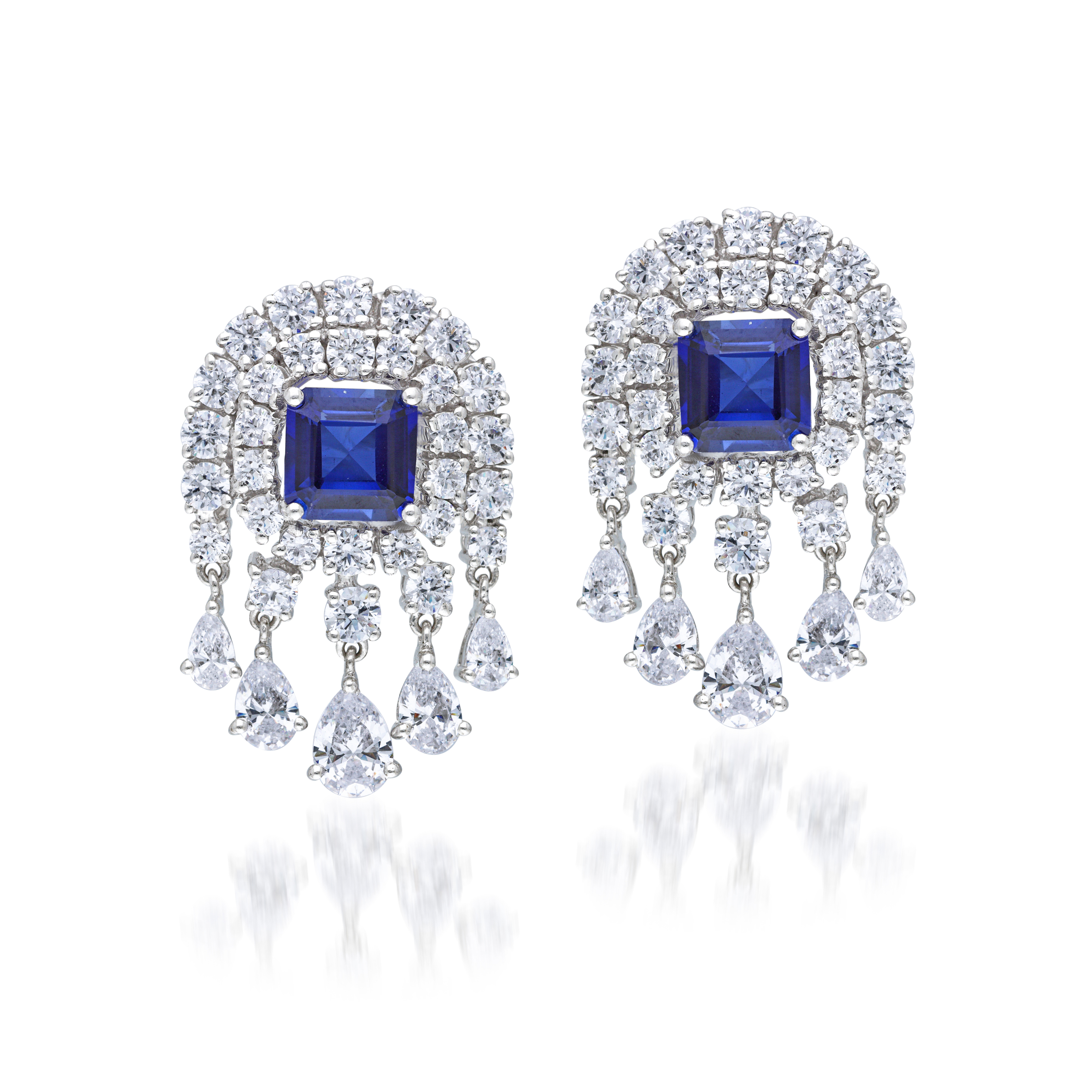 Earrings in White Swarovski Zirconia & Princess Shaped Man-Made Sapphires