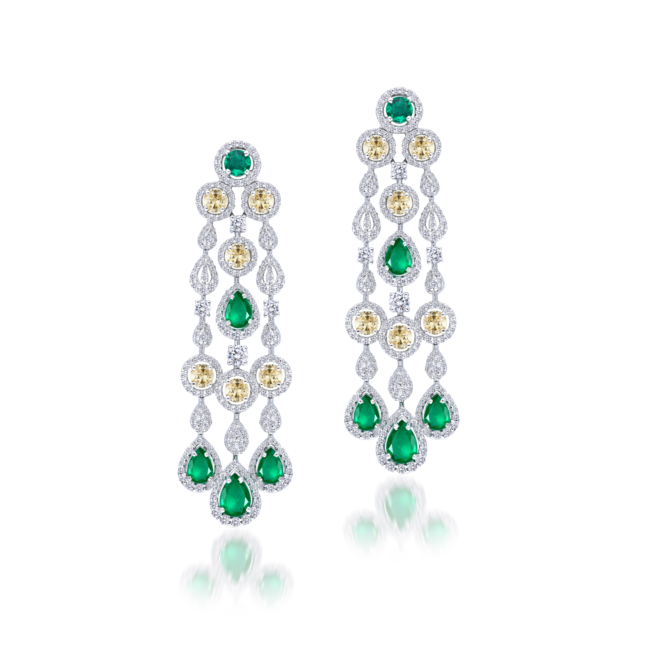 Earrings in White & Yellow Swarovski Zirconia with Man-Made Emeralds