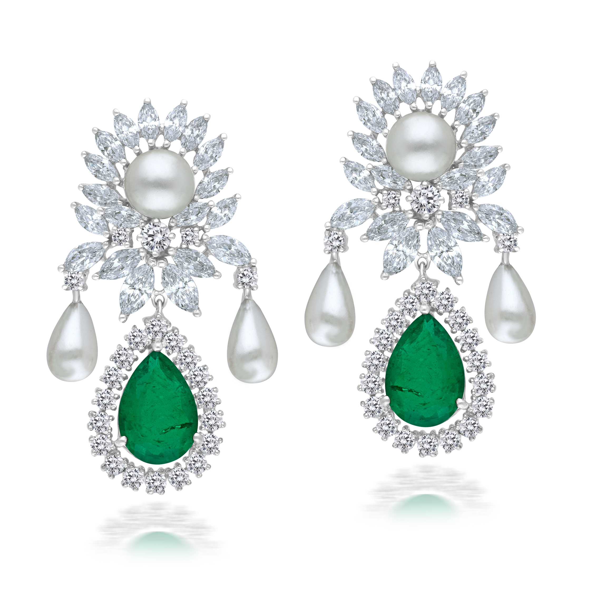 Cocktail Earrings in White Swarovski Zirconia with White Korean Pearls & Man-Made Emeralds