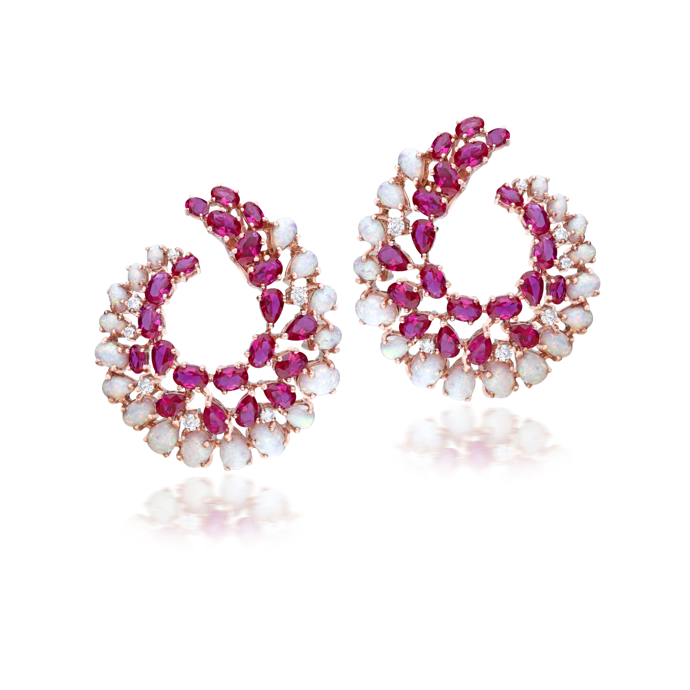 Earrings in Oval & Pear Shaped Man Made Rubies & White Opal Stones with Swarovski Zirconia