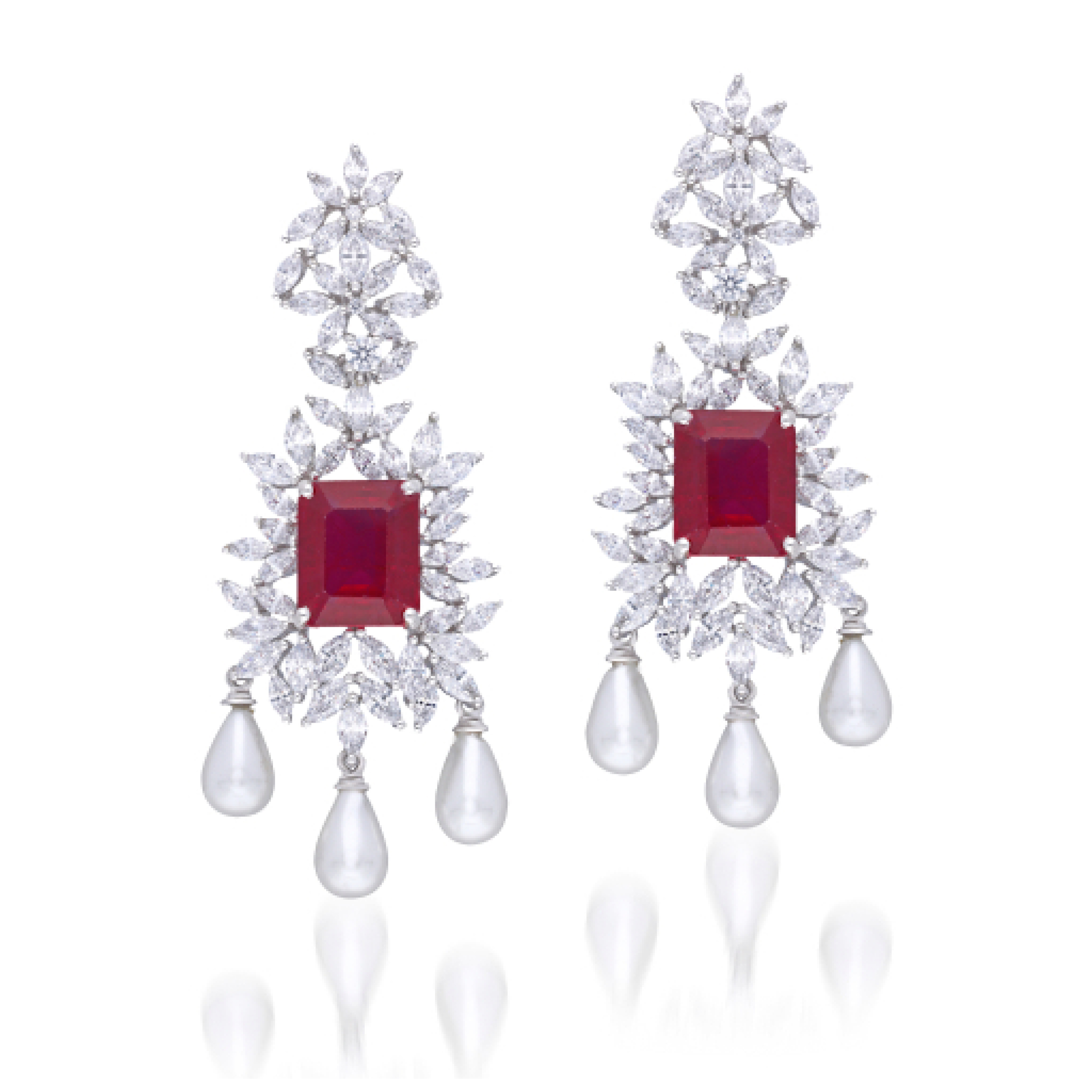 Earrings in White Swarovski Zirconia with Man-Made Rubies & White Korean Pearls