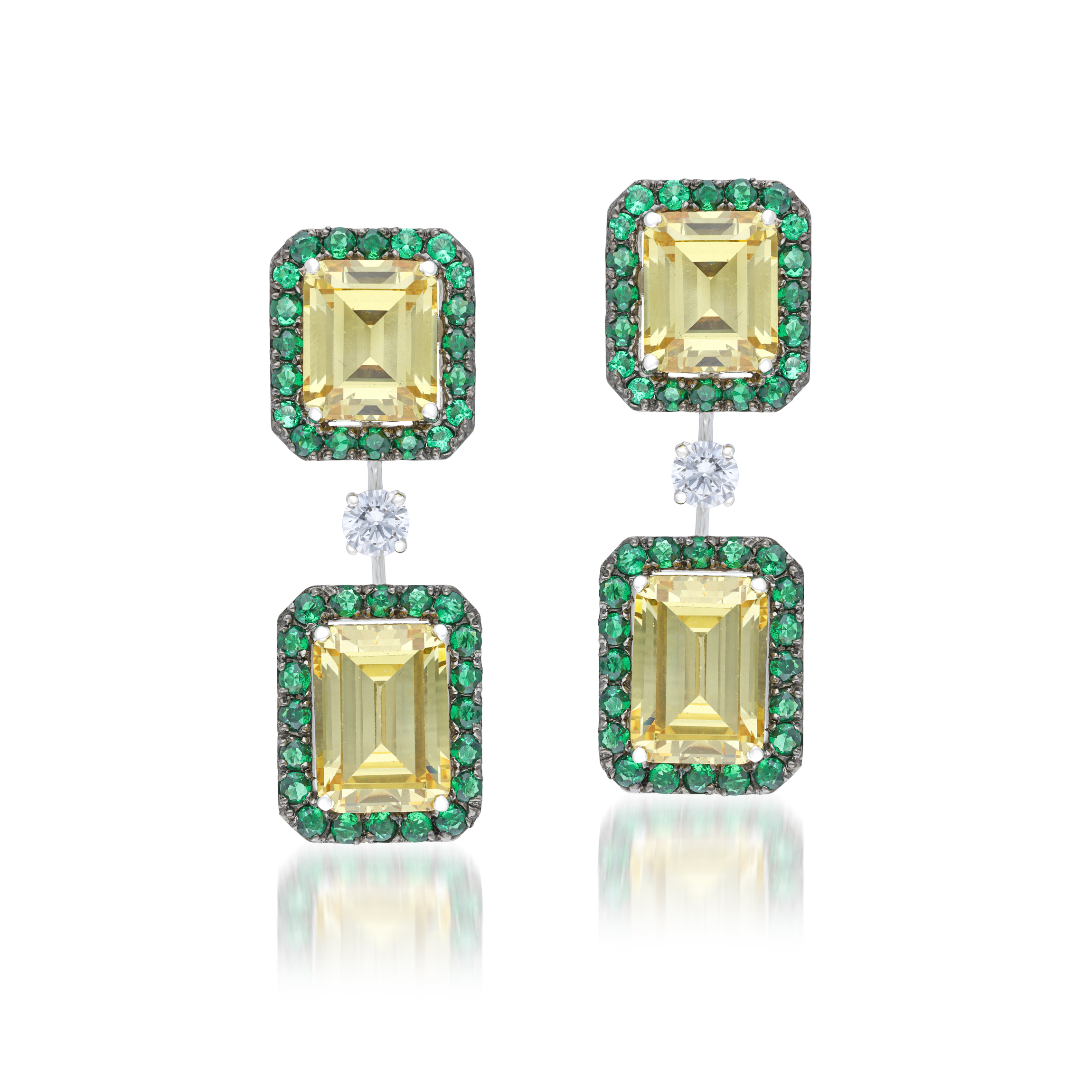 Earrings in White & Yellow Swarovski Zirconia with Man-Made Emeralds