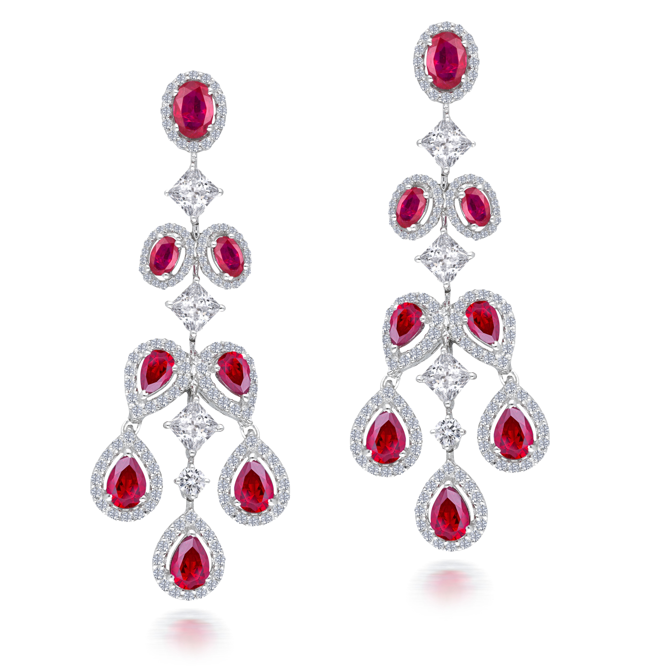 Cocktail Earrings in White Swarovski Zirconia with Oval & Pear Shaped Man-Made Rubies