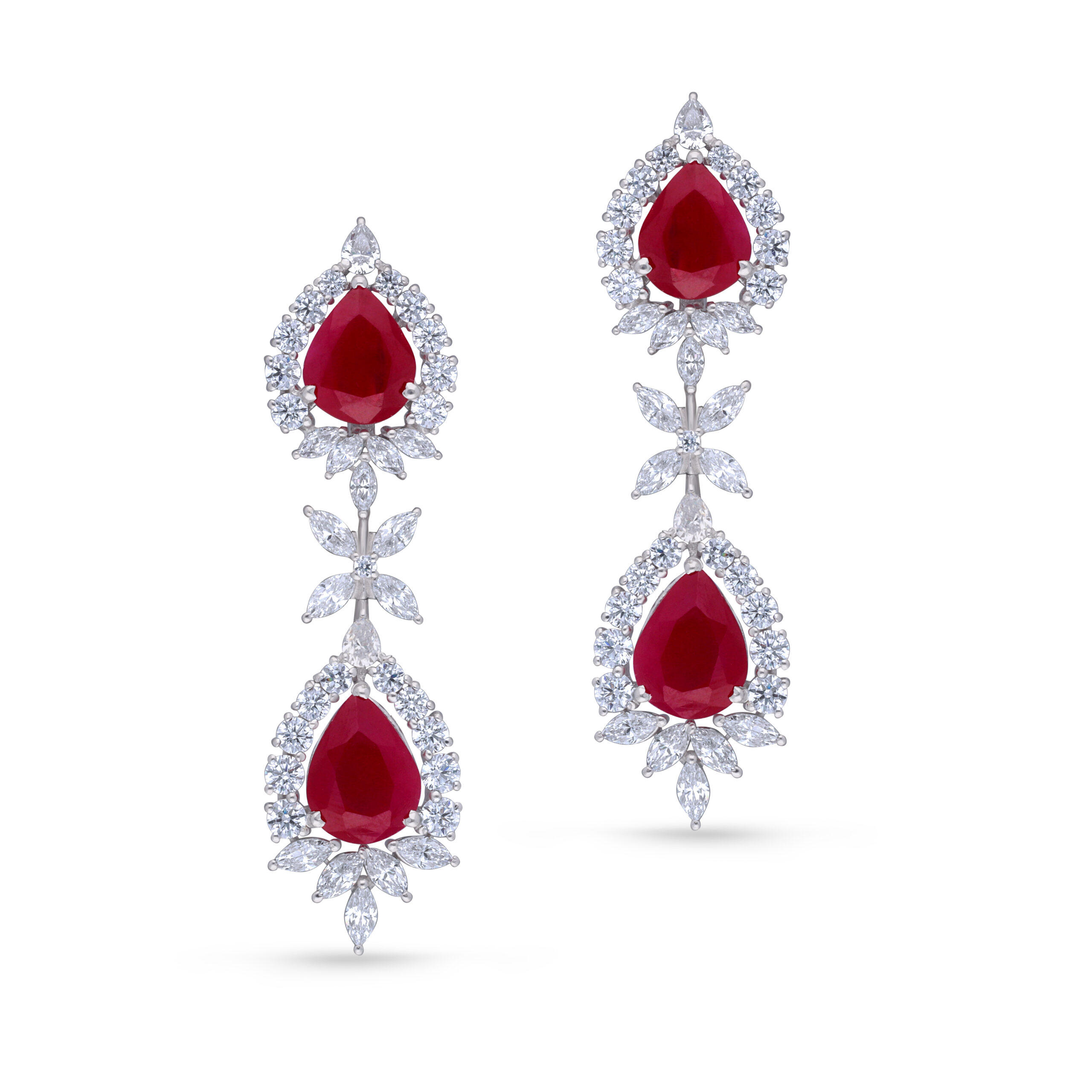 Cocktail Earrings in White Swarovski Zirconia with Pear Shaped Man-Made Rubies