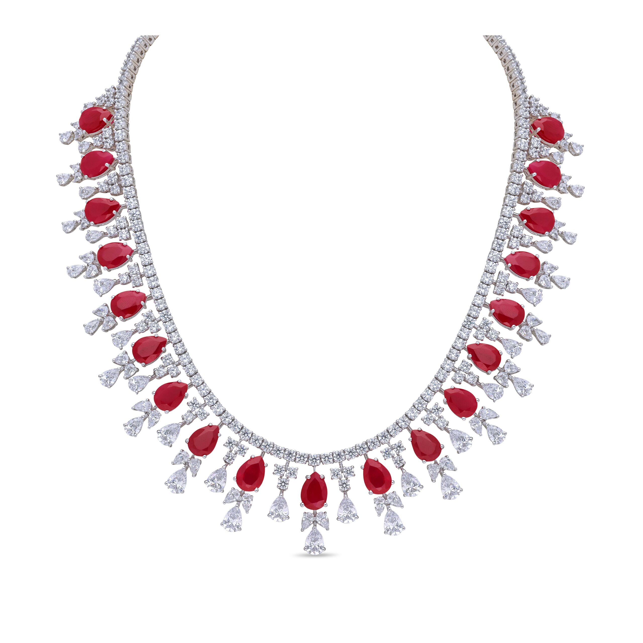 Neck Piece in Multi Shaped White Swarovski Zirconia & Pear Shaped Man-Made Rubies
