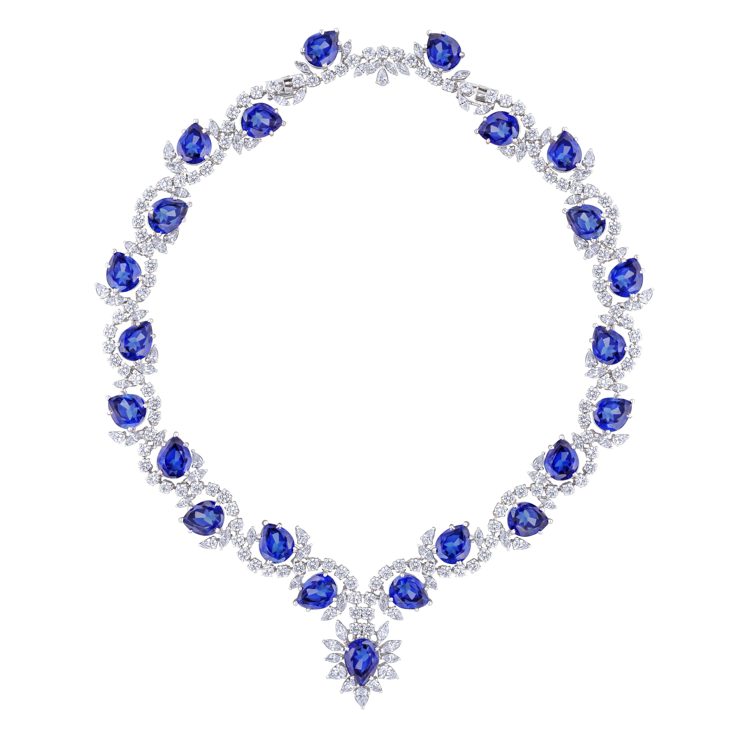 Neck Piece in Multi Shaped White Swarovski Zirconia & Pear Shaped Man-Made Blue Sapphires