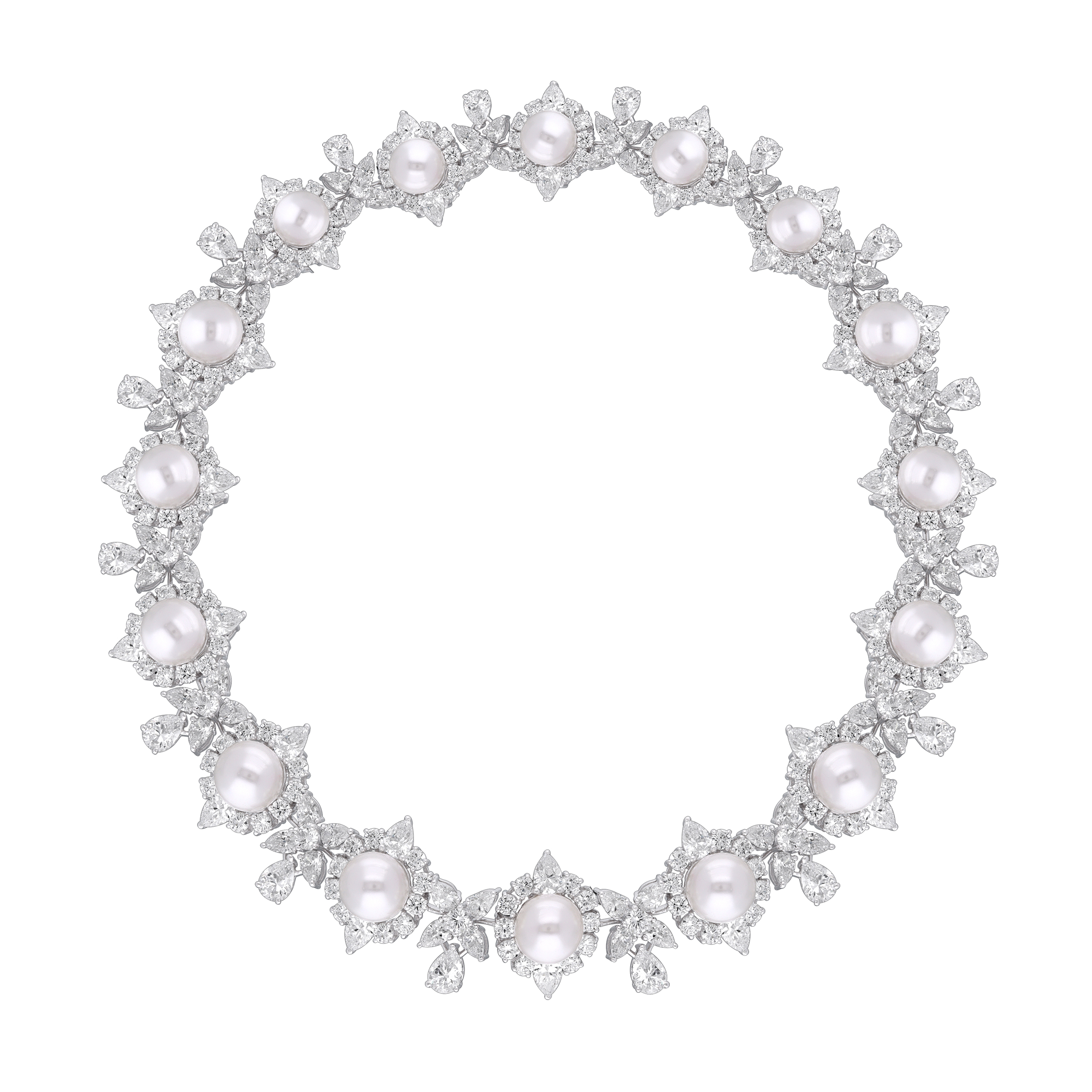 Necklace in Mix Shaped White Swarovski Zirconia with White Korean Pearl