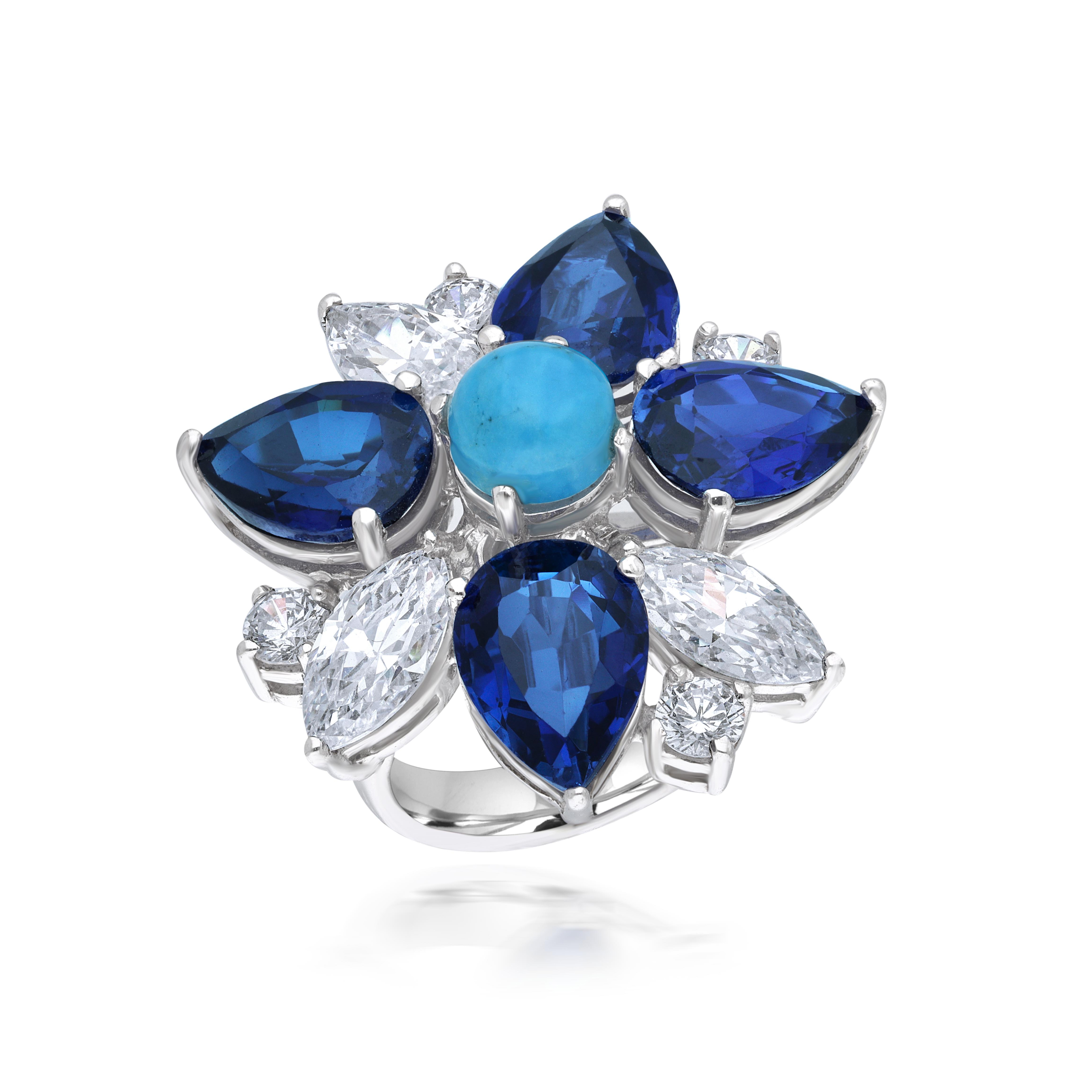 Ring in White Swarovski Zirconia with Man-Made Pear Shaped Blue Sapphires & Man-Made Turquoise Stone