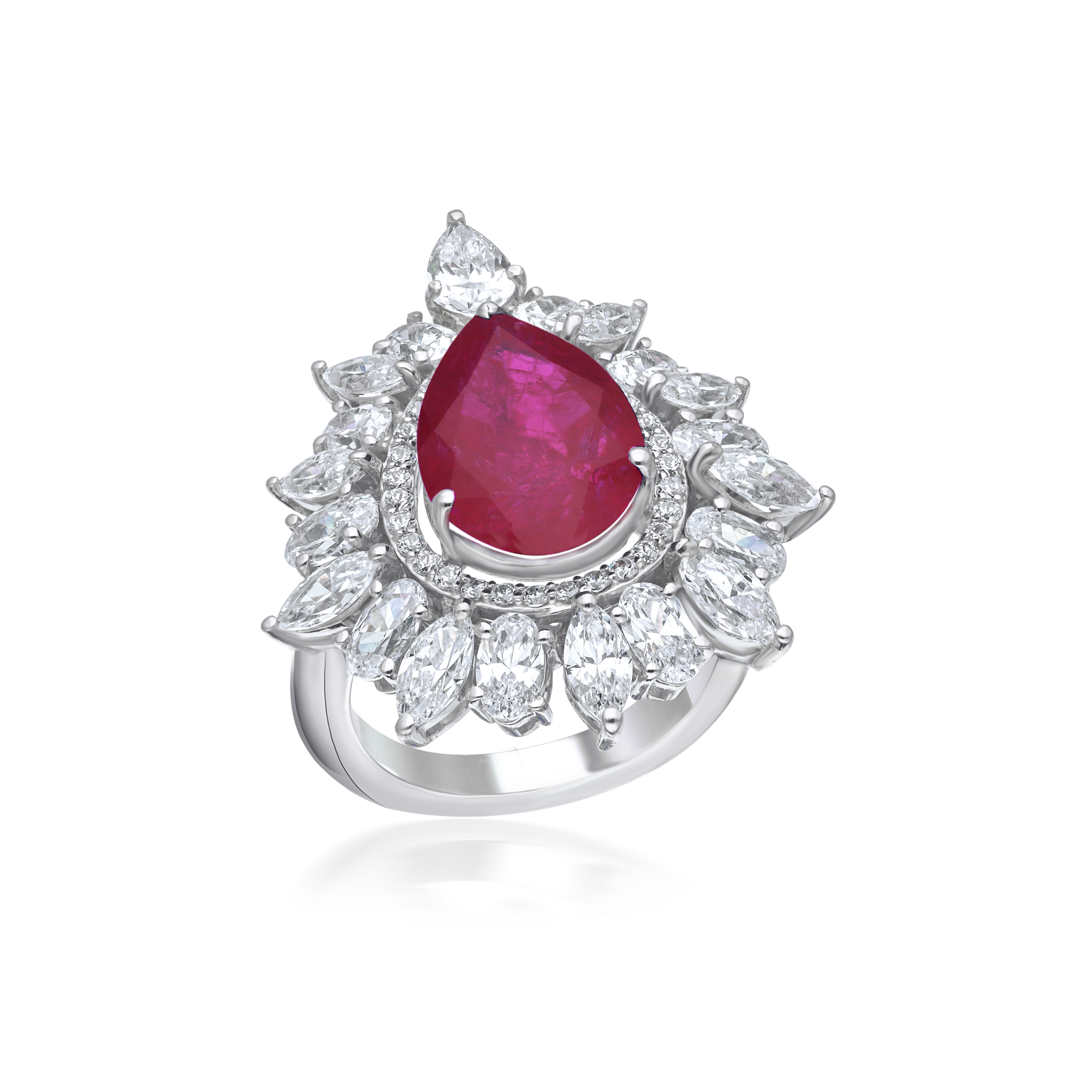 Cocktail Ring in White Swarovski Zirconia & Pear Shaped Man-Made Ruby